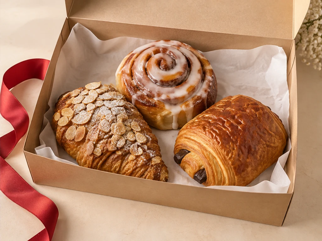 Three pastries with bakery packaging — illustrative photo after AI styling