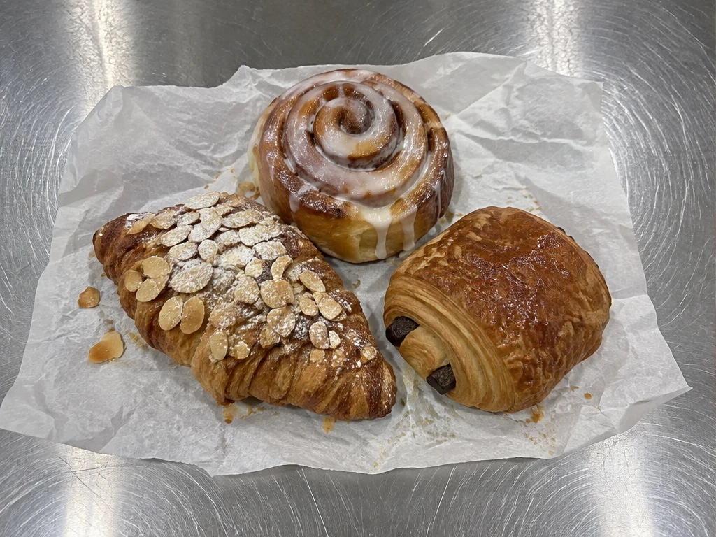 Three pastries with bakery packaging — illustrative photo before styling