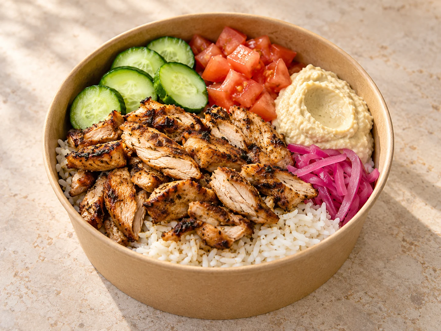 Chicken, rice, vegetables, and hummus in a takeaway bowl — illustrative photo after AI styling