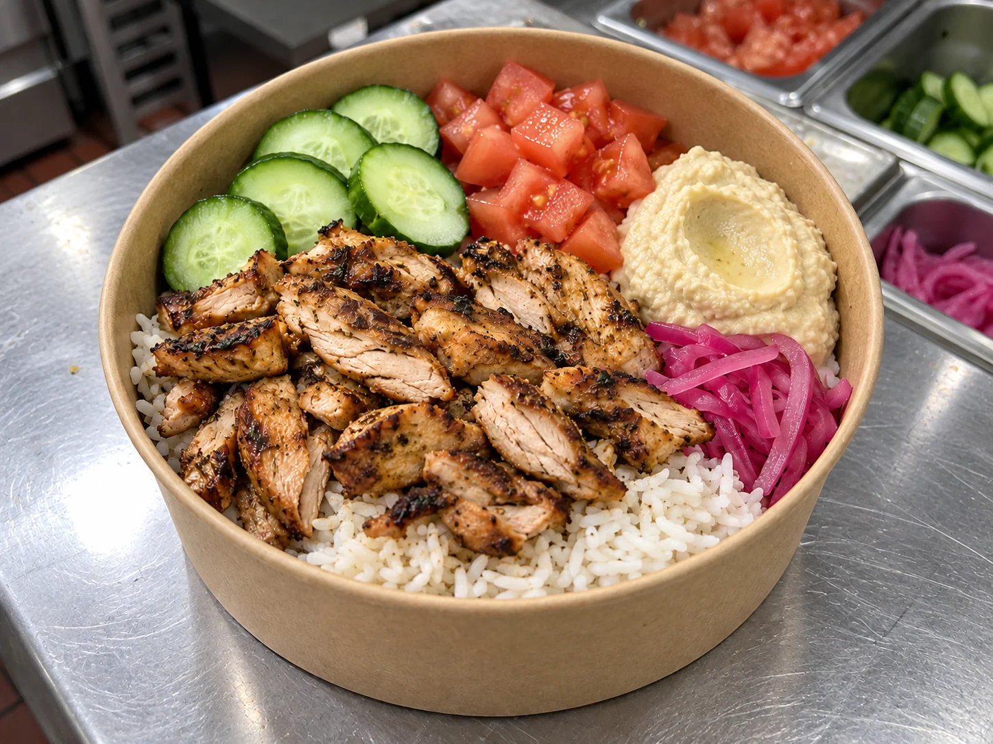 Chicken, rice, vegetables, and hummus in a takeaway bowl — illustrative photo before styling