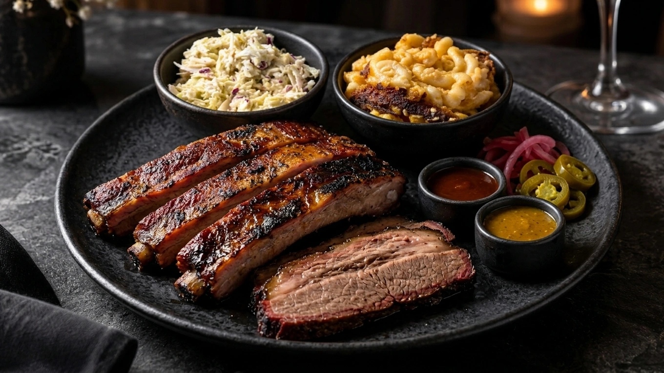 Barbecue platter with sides. Dark slate · clear food detail.