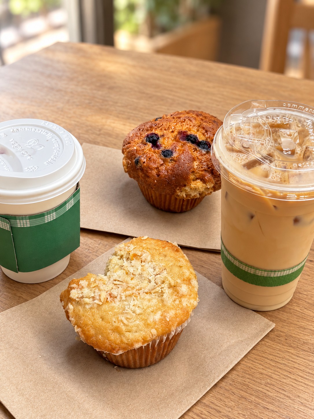 Two muffins and takeaway coffees. Warm oak · soft morning light.