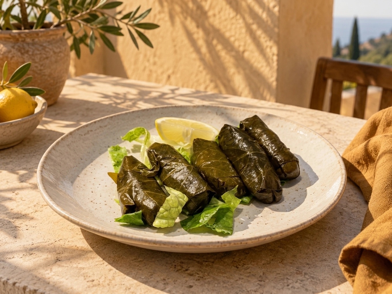Stuffed vine leaves with lemon. Pale limestone · golden sunlight.