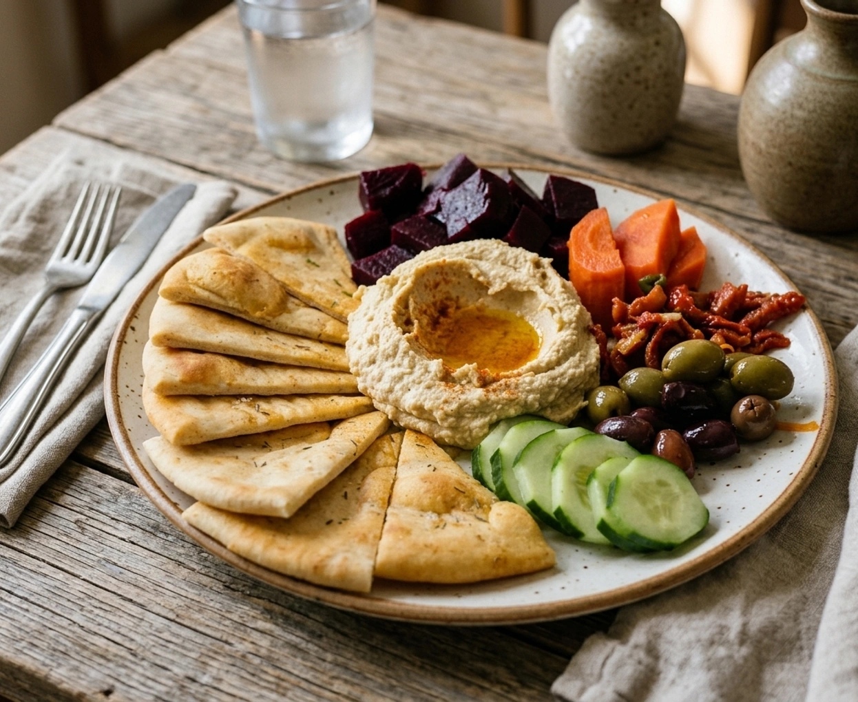AI-styled mezze on linen with ceramic bowls, illustrating tableware and setting choices