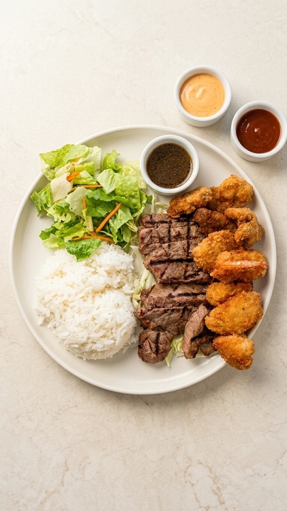 Mixed grill with rice and salad. Quiet palette · generous breathing room.