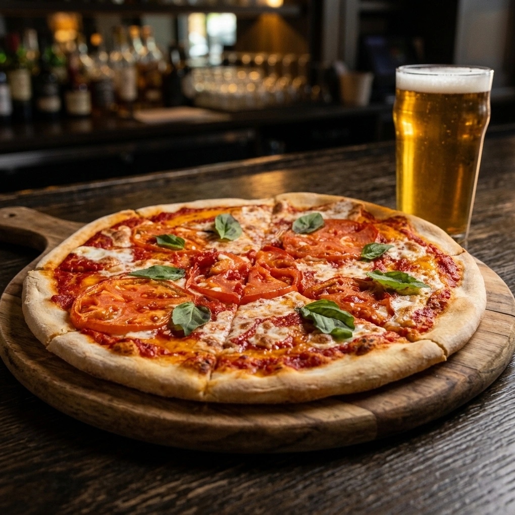 Pizza and beer. Dark wood · warm pub light.