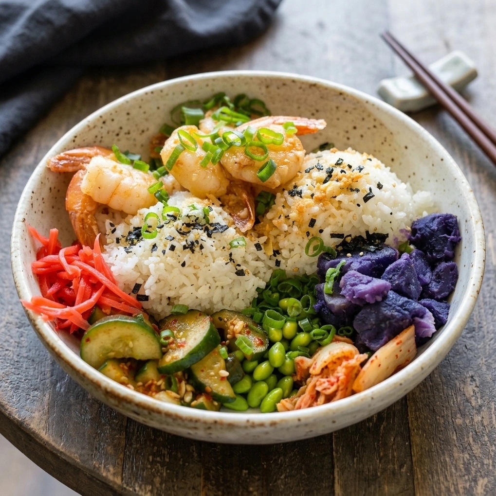 Rice bowl with vegetables and shrimp. Weathered wood · gentle side light.