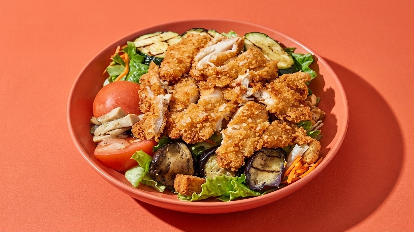Crispy chicken salad styled against a coral campaign backdrop