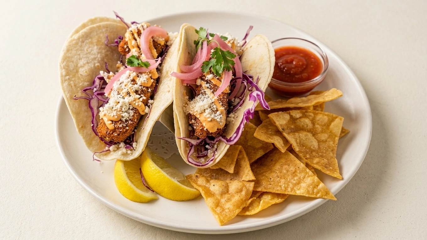 Tacos and chips against a clean light background