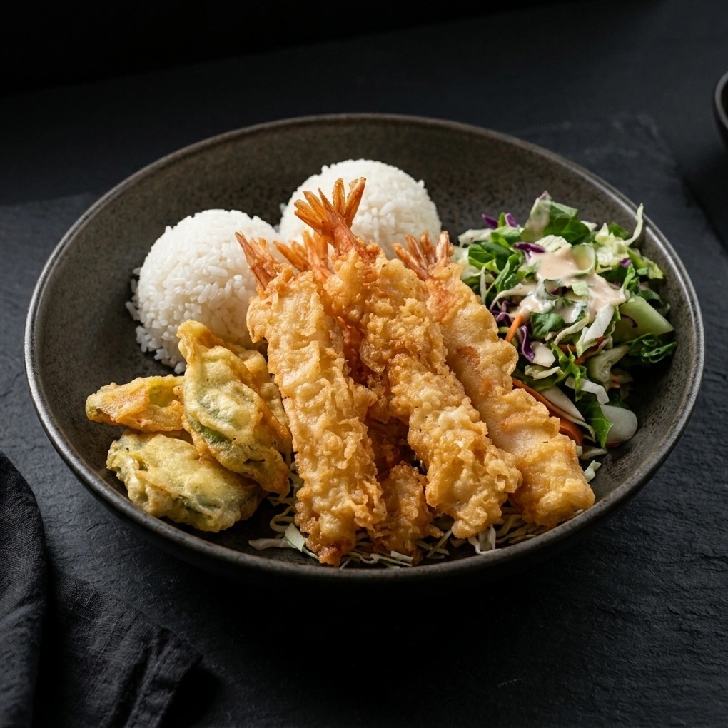Tempura, rice and salad. Dark stone · focused side light.