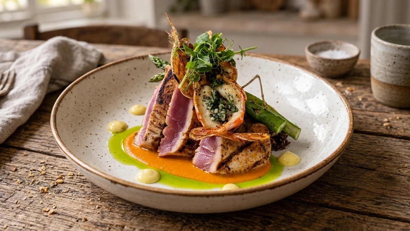 Seared tuna and vegetables styled on a rustic restaurant table