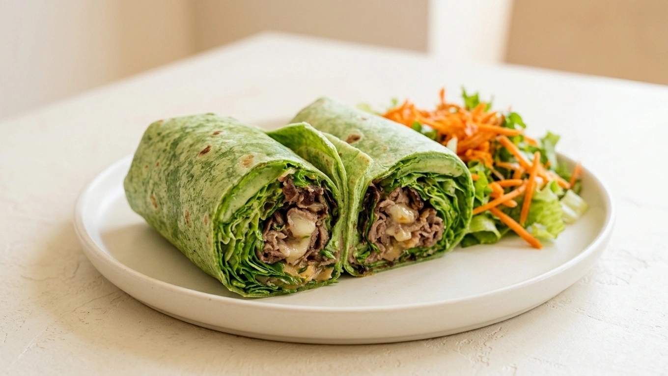 Green wraps with side salad. Minimal styling · full serving in view.