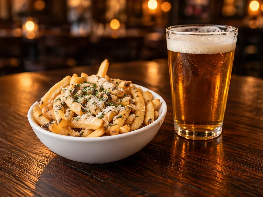 Parmesan fries and a pint of beer on a dark wooden bar table