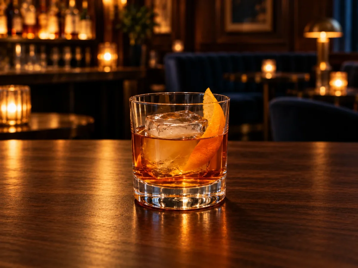 An old fashioned with orange peel and a large ice cube in an amber-lit bar