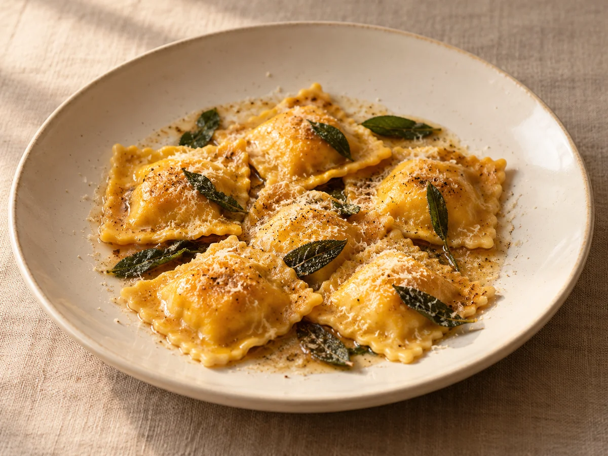 Pumpkin ravioli with brown butter and sage on an ivory plate over oatmeal linen