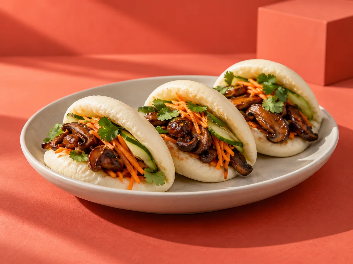 Mushroom bao buns with cucumber and carrot on a bold coral studio set
