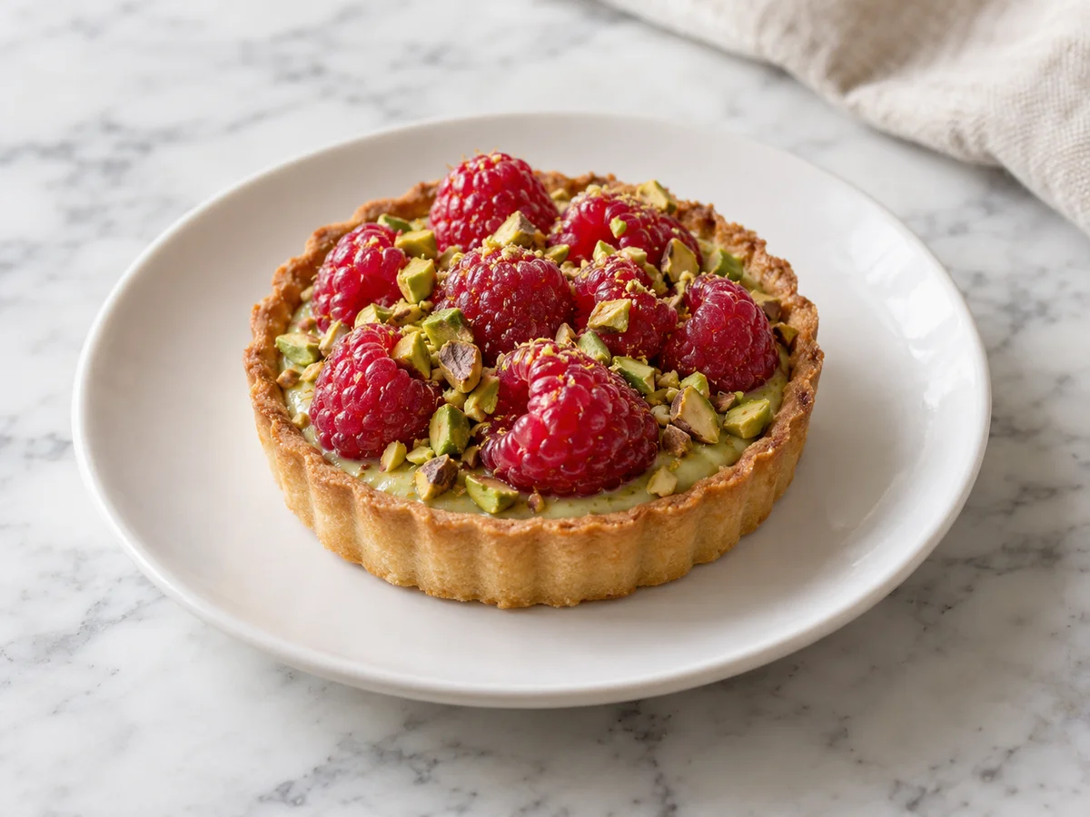 Raspberry and pistachio tart on a white plate over pale marble