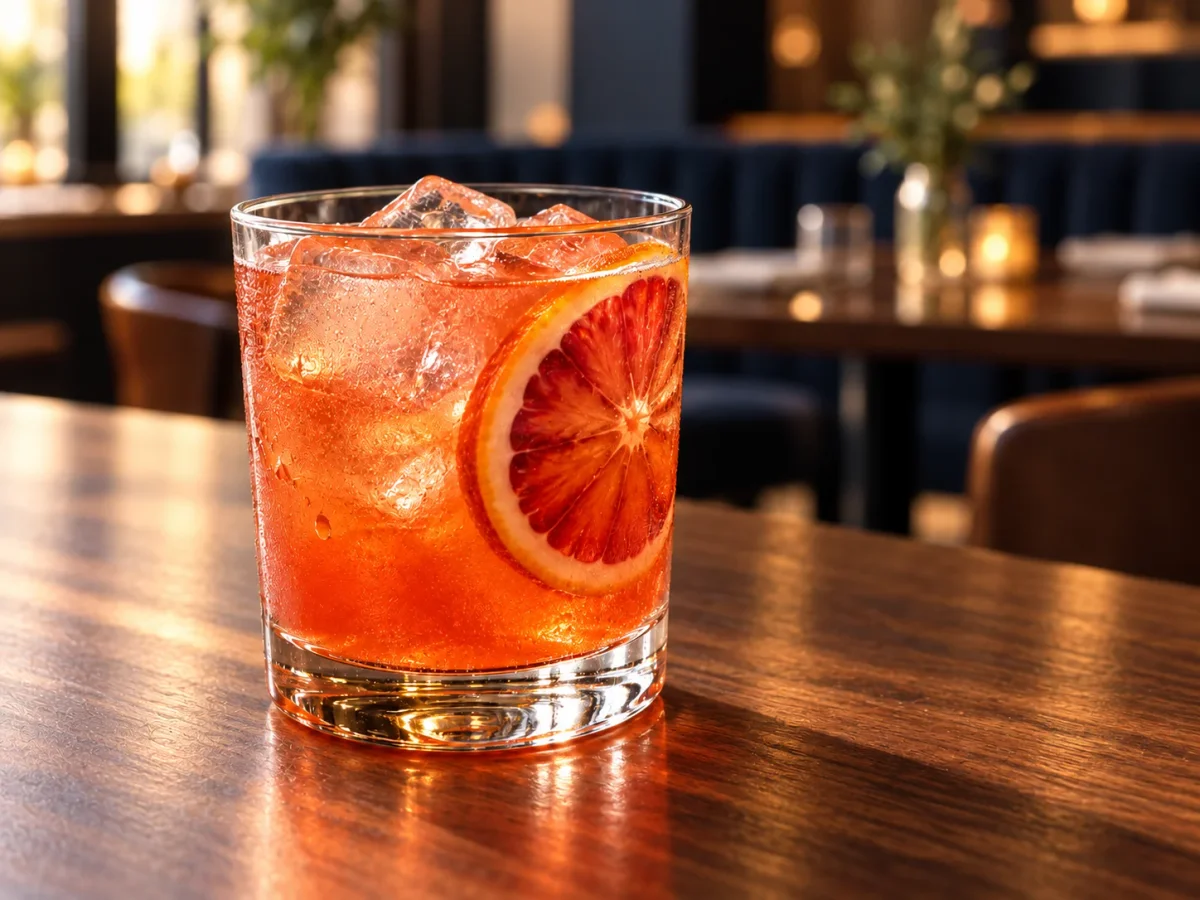 Orange citrus spritz with a blood-orange slice in golden restaurant light