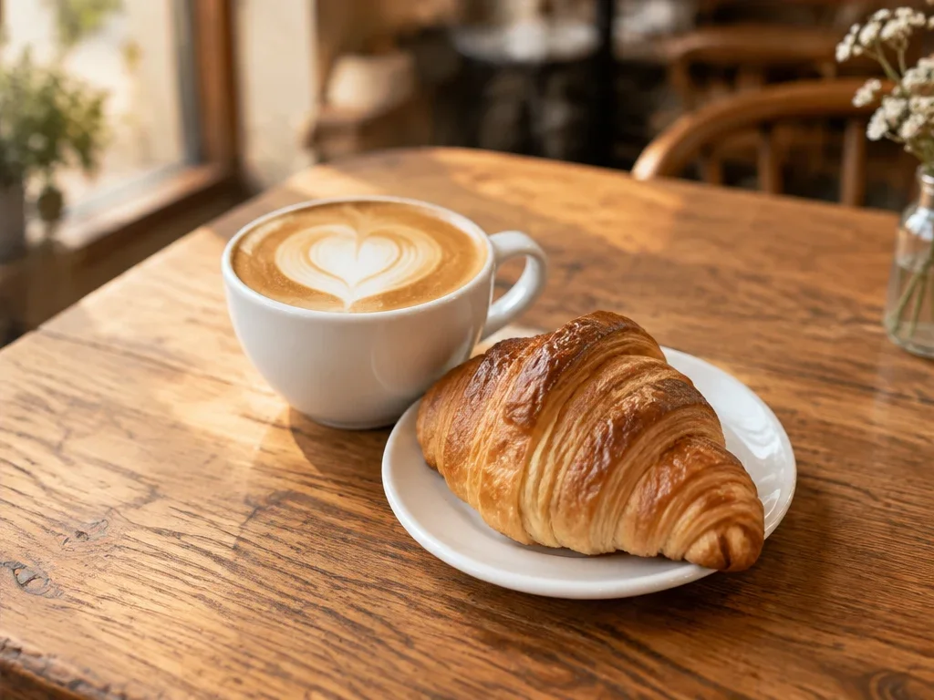 Cappuccino and croissant on an oak table by a café window