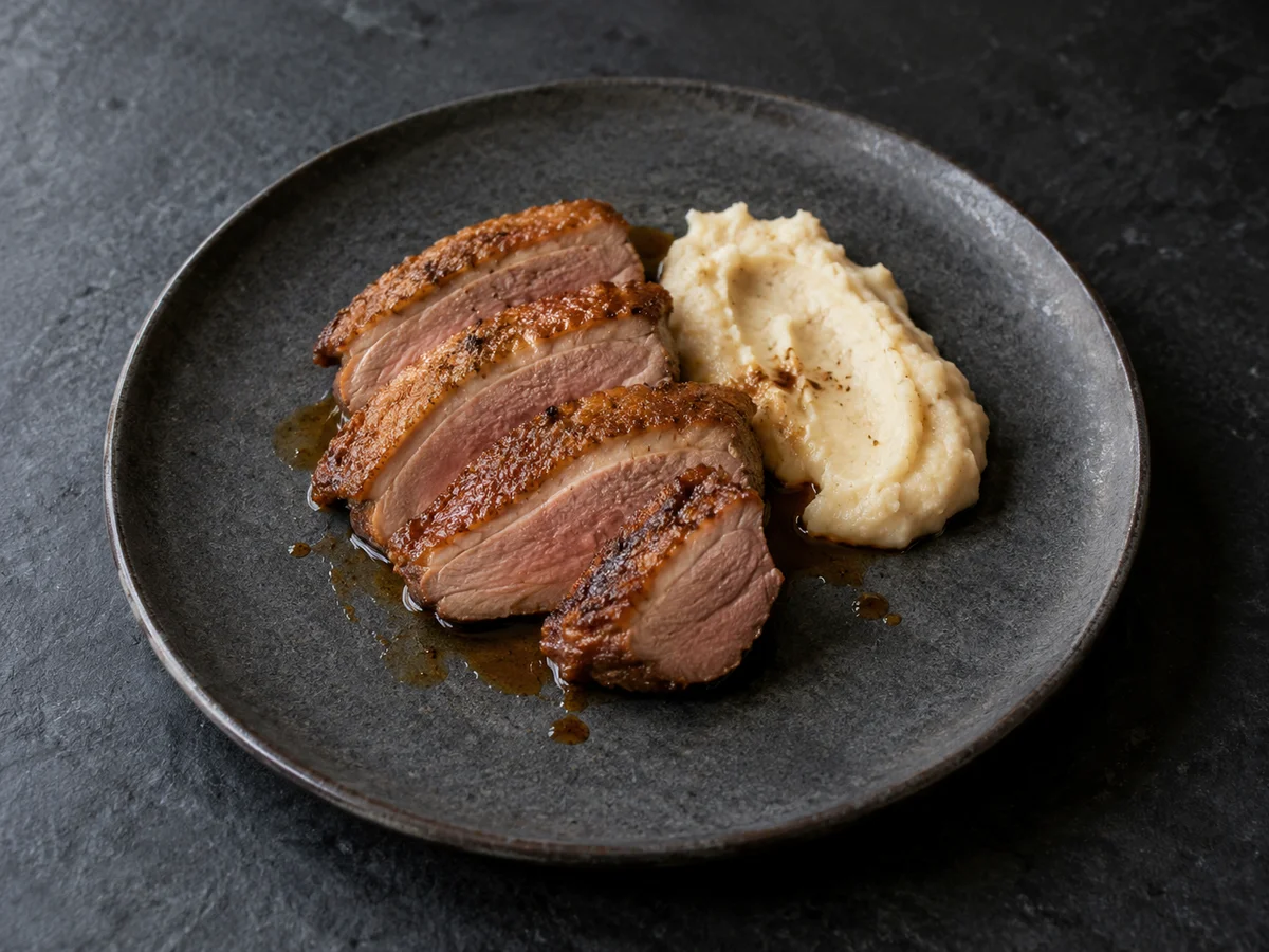 Sliced roast duck with parsnip puree on a charcoal plate in soft side light