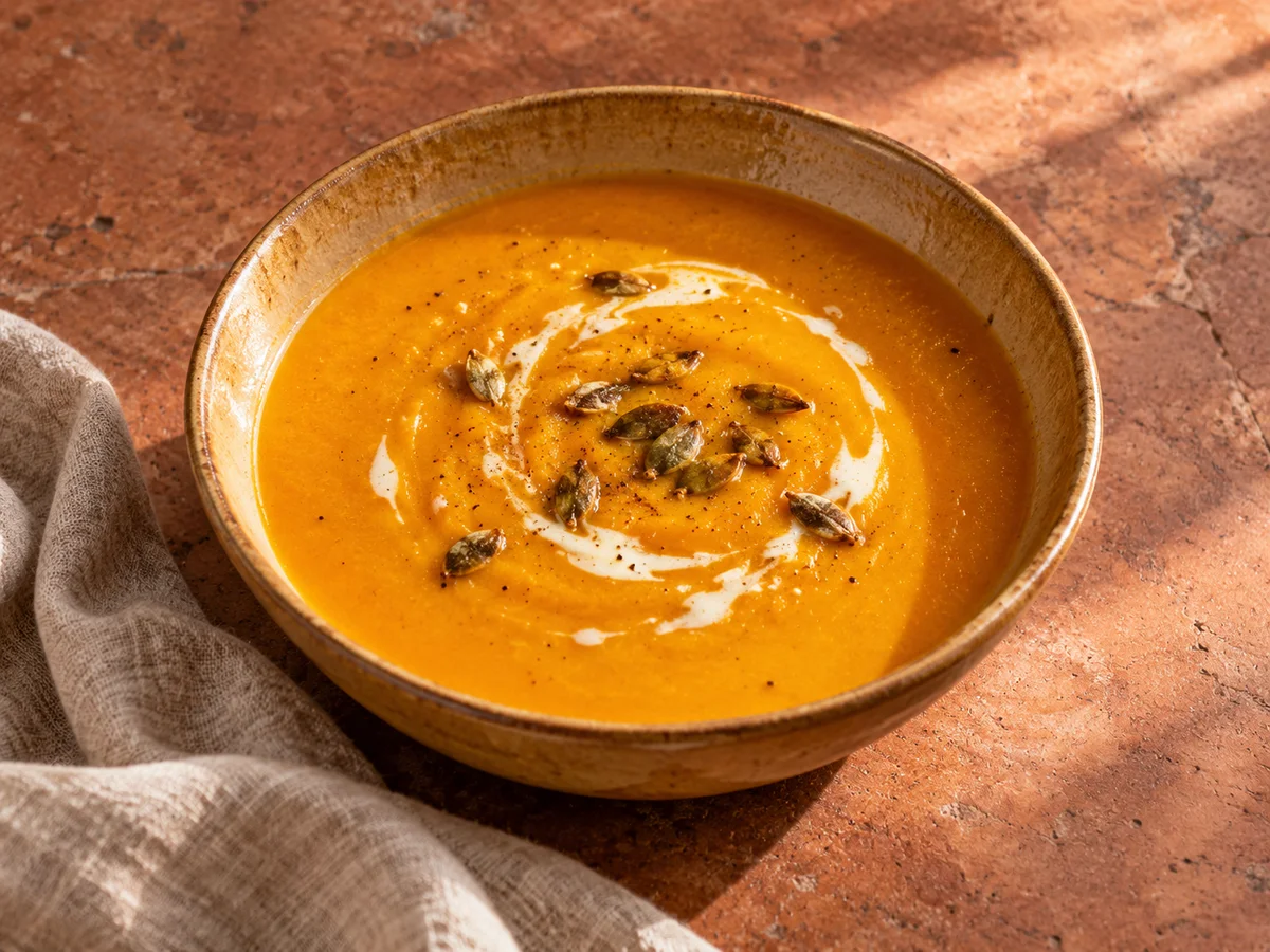 Roasted pumpkin soup with cream and pumpkin seeds on a warm terracotta table