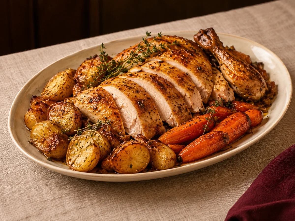 Roast chicken, potatoes and carrots on an ivory platter with linen and a burgundy napkin