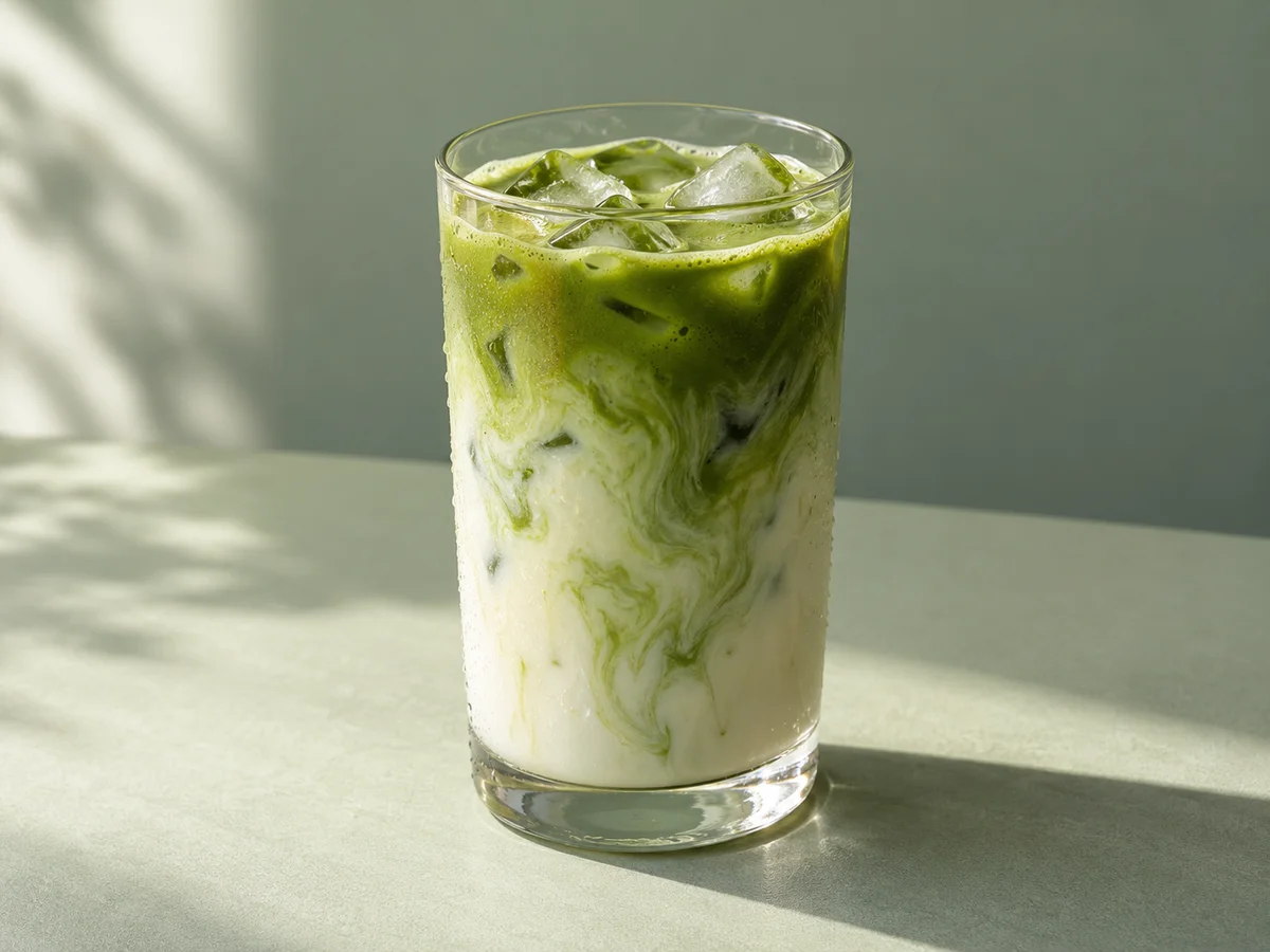 Iced matcha latte with natural green and cream marbling on a sage surface