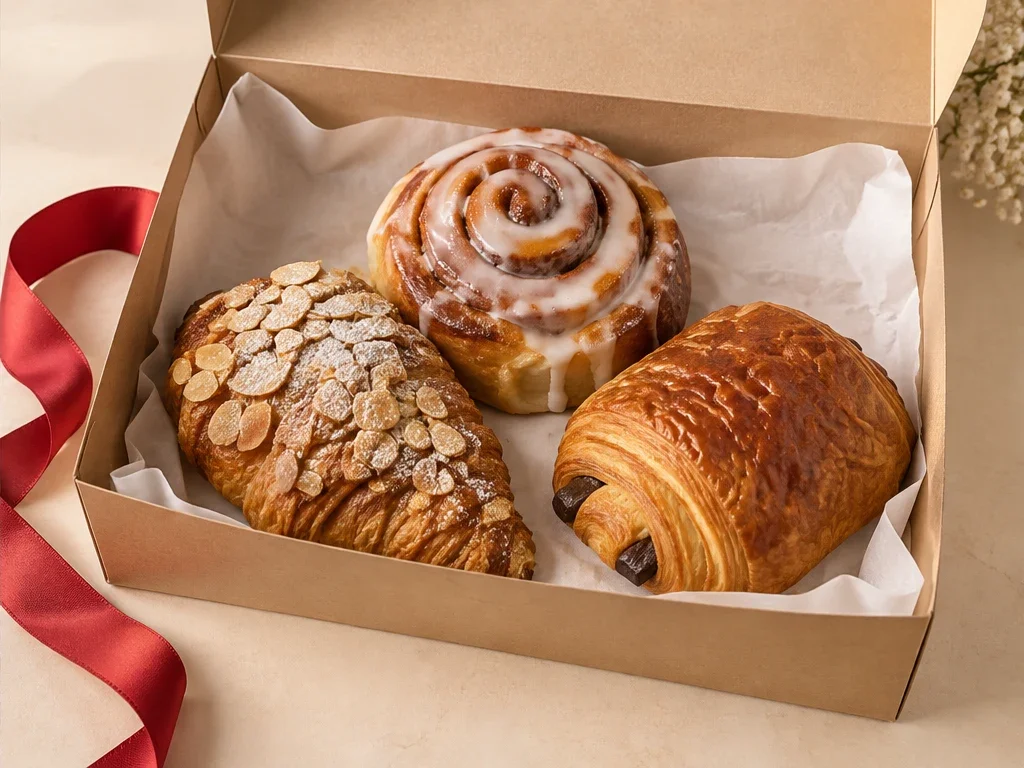 Almond croissant, cinnamon roll and pain au chocolat in a kraft pastry box