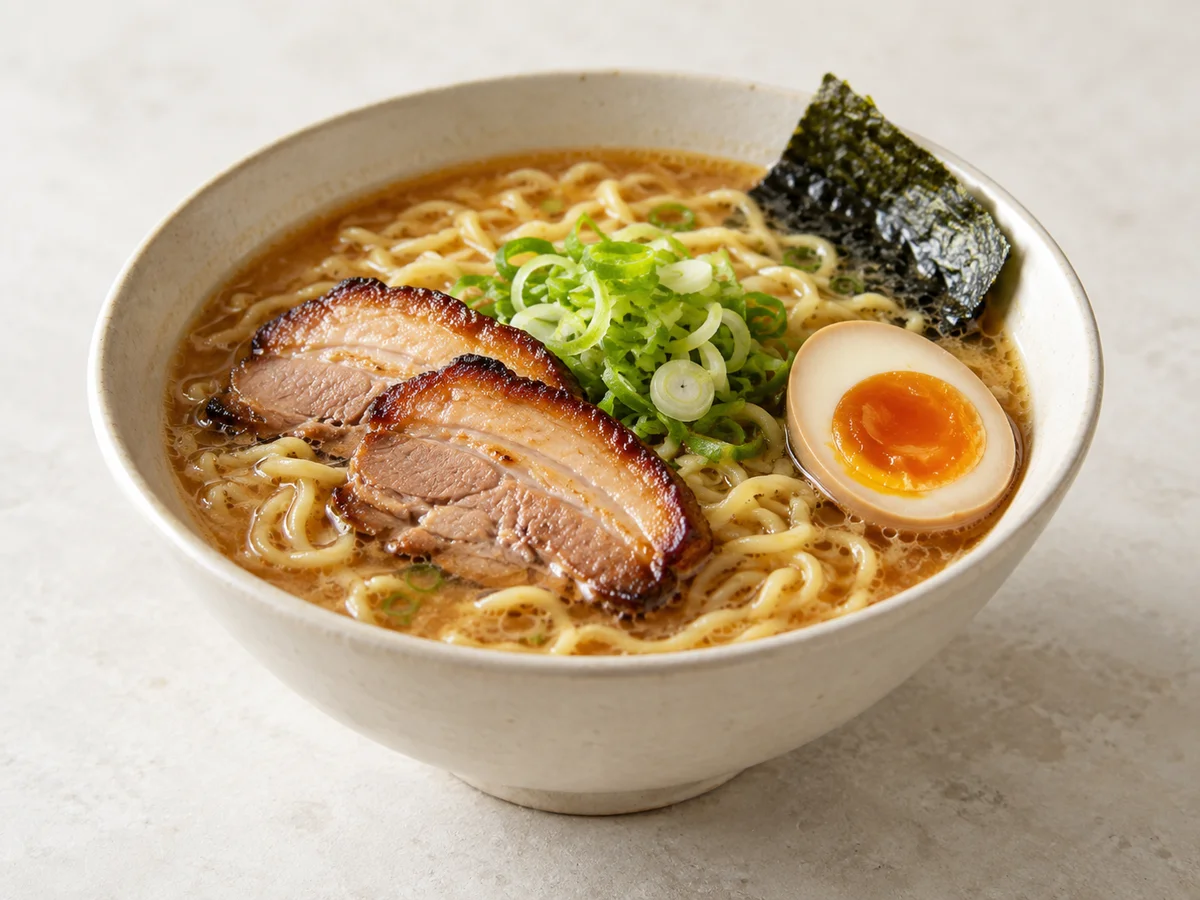 Miso ramen with pork, egg and scallions in an ivory bowl