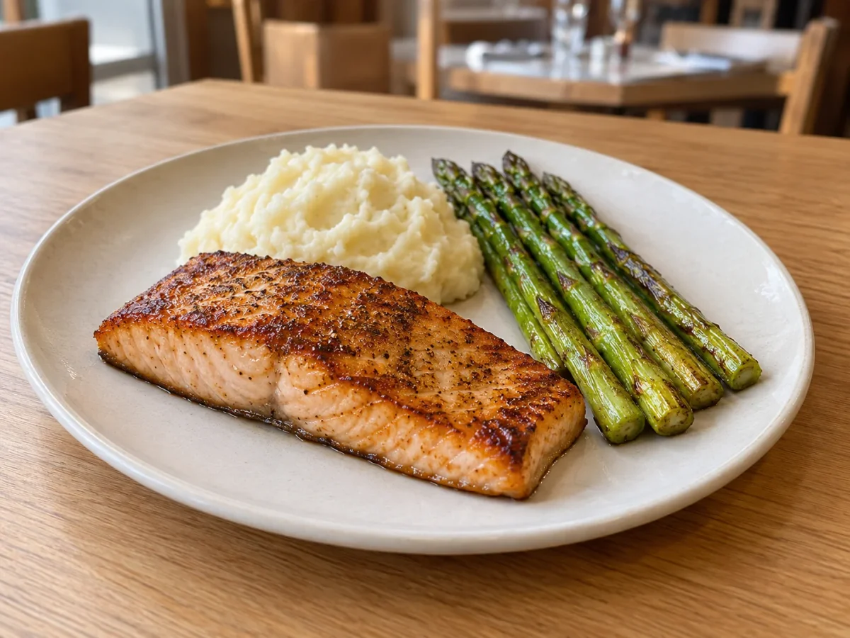 Seared salmon with mashed potatoes and asparagus on a light restaurant table