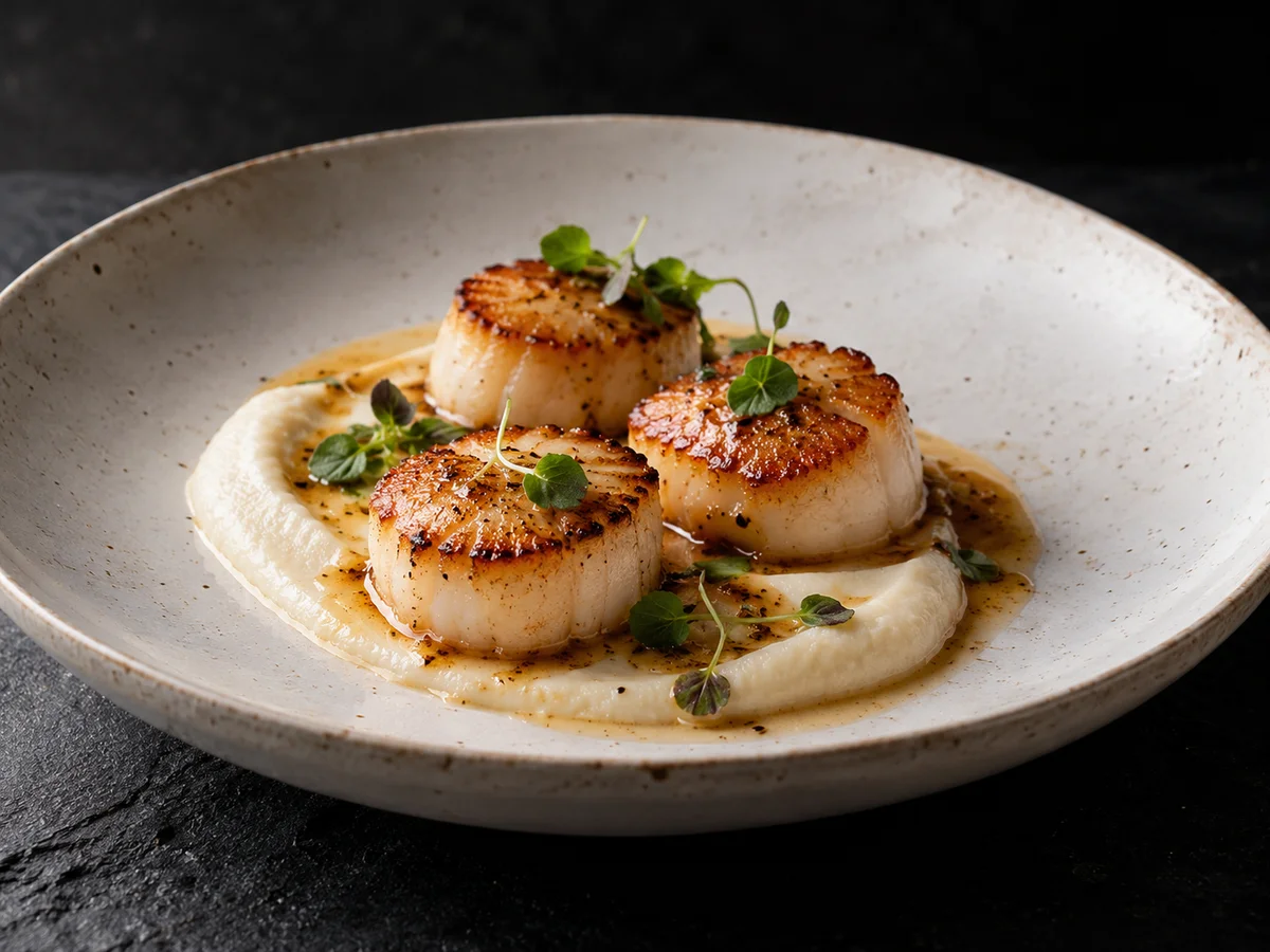 Three seared scallops with cauliflower puree on a porcelain plate over dark slate