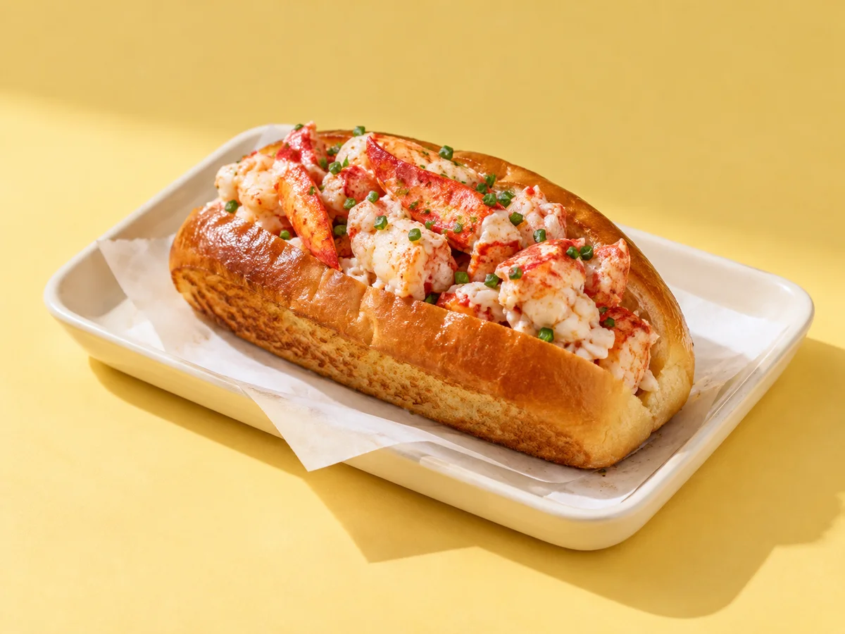 A lobster roll in toasted split-top brioche on white paper against a butter-yellow backdrop