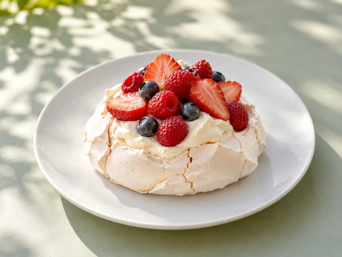 Berry pavlova with strawberries, raspberries and blueberries on a pale sage table