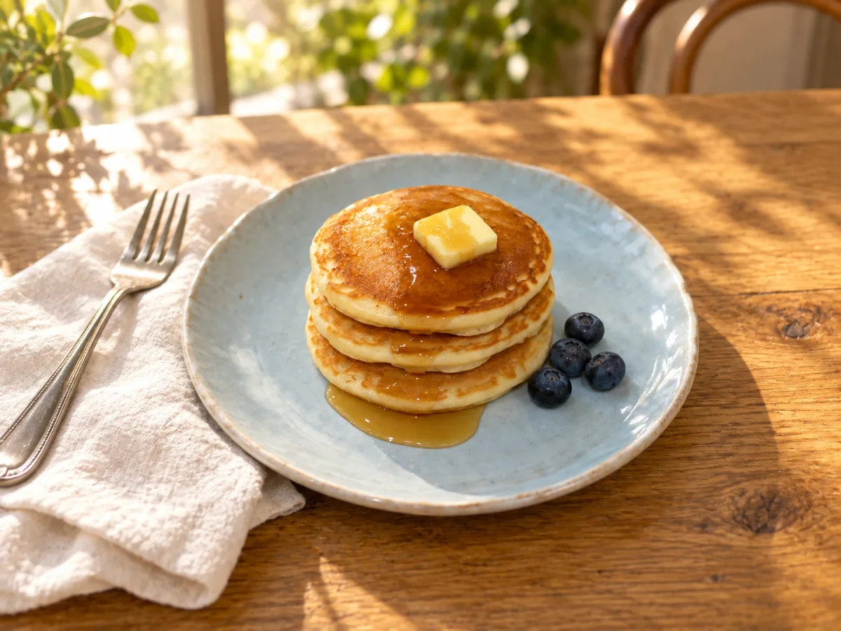 Pancakes with butter, syrup and blueberries on a sunlit oak table