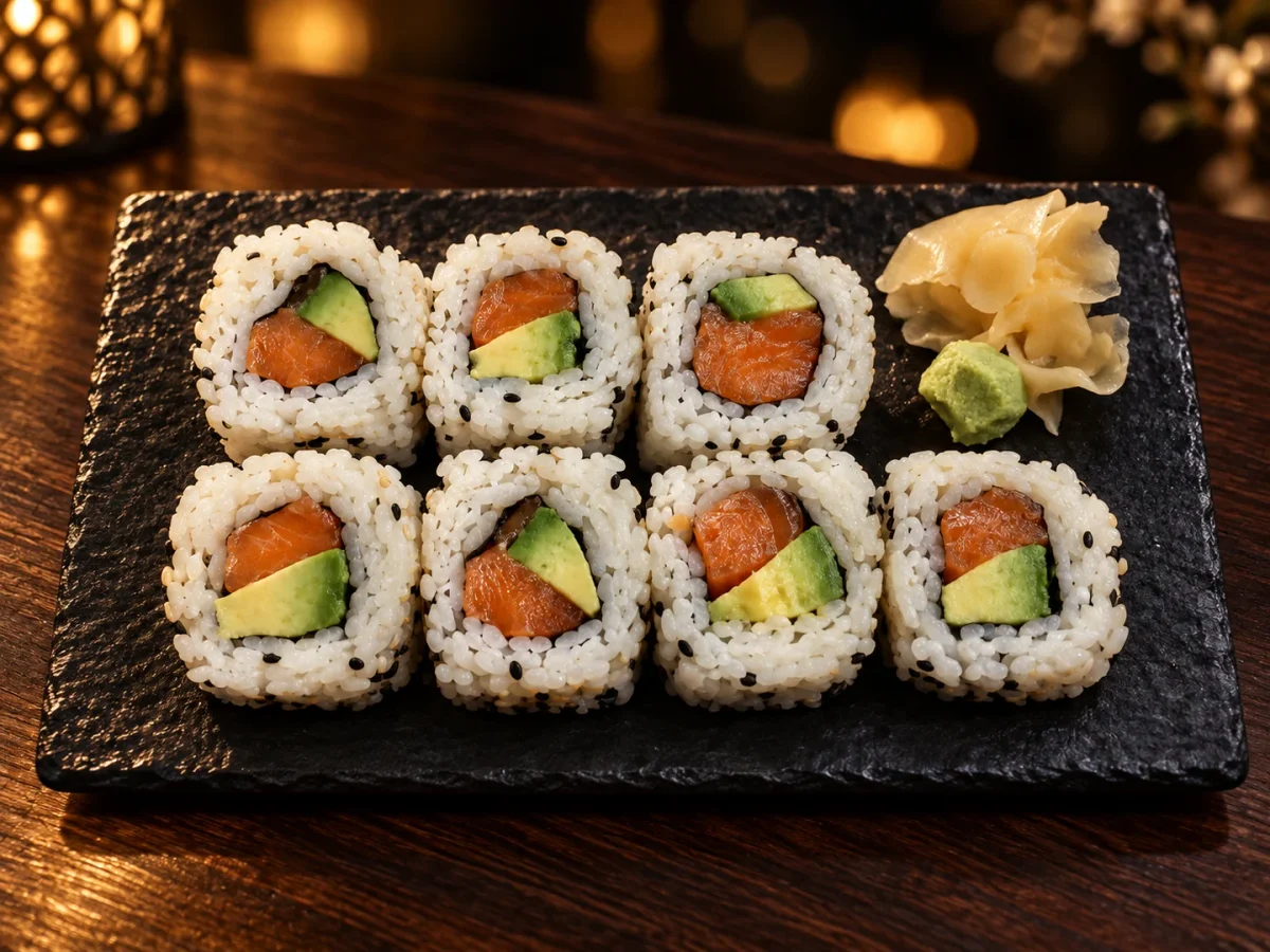 Salmon and avocado sushi on charcoal slate in warm restaurant light