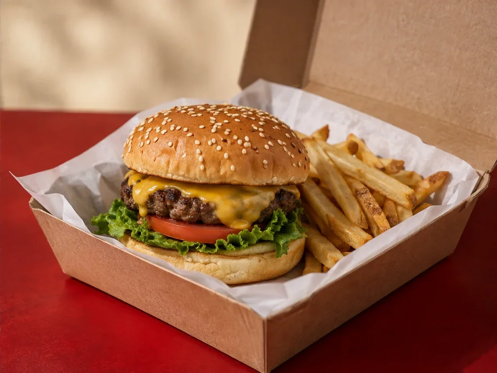 Cheeseburger and fries in a kraft takeaway box on a warm red table