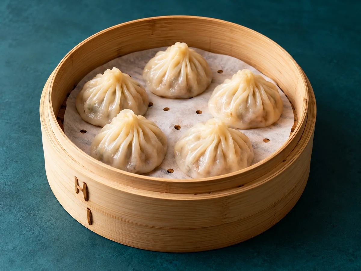 Pleated steamed dumplings in a bamboo basket against a deep teal backdrop