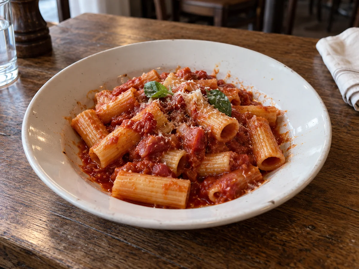 A casually served bowl of tomato rigatoni with basil and parmesan on a worn wooden table