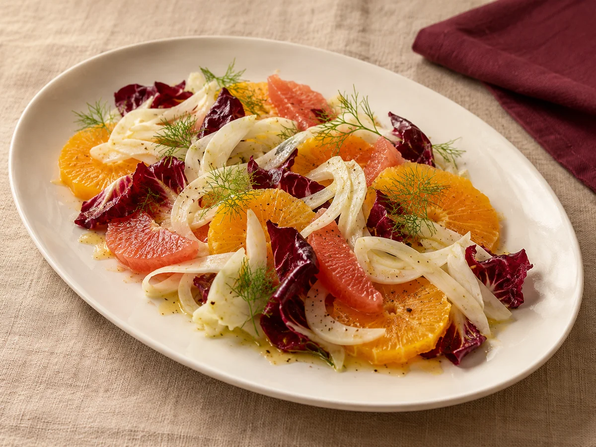 Orange and grapefruit salad with shaved fennel and radicchio on a linen-covered table