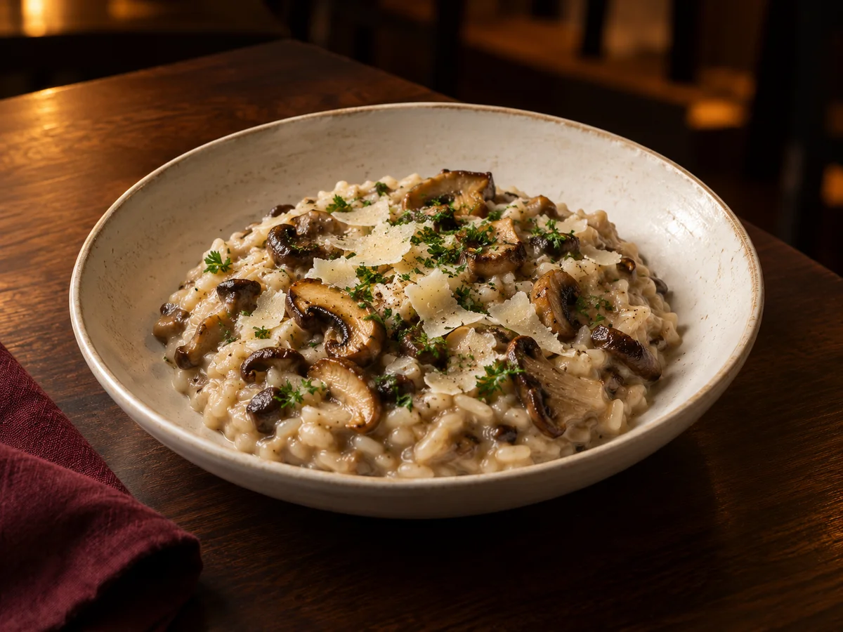 Creamy mushroom risotto in an ivory bowl on a dark walnut table with warm evening light