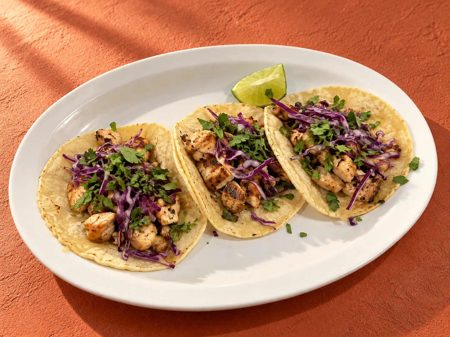 Three chicken tacos photographed with natural light on a terracotta surface
