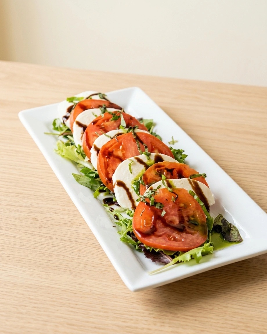 Caprese salad styled in the app with the shared oak-table and soft-daylight brief