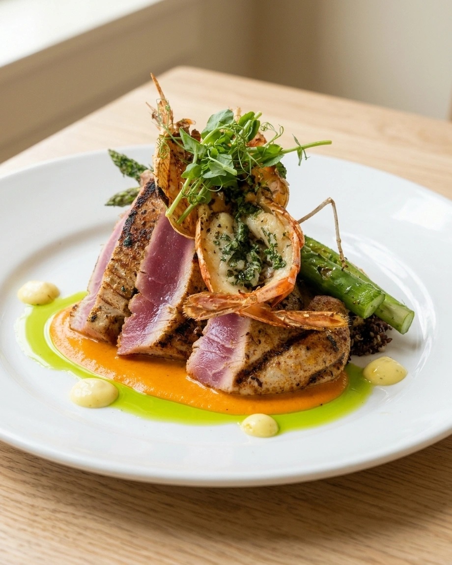 Seared tuna and prawn styled in the app with the shared oak-table and soft-daylight brief