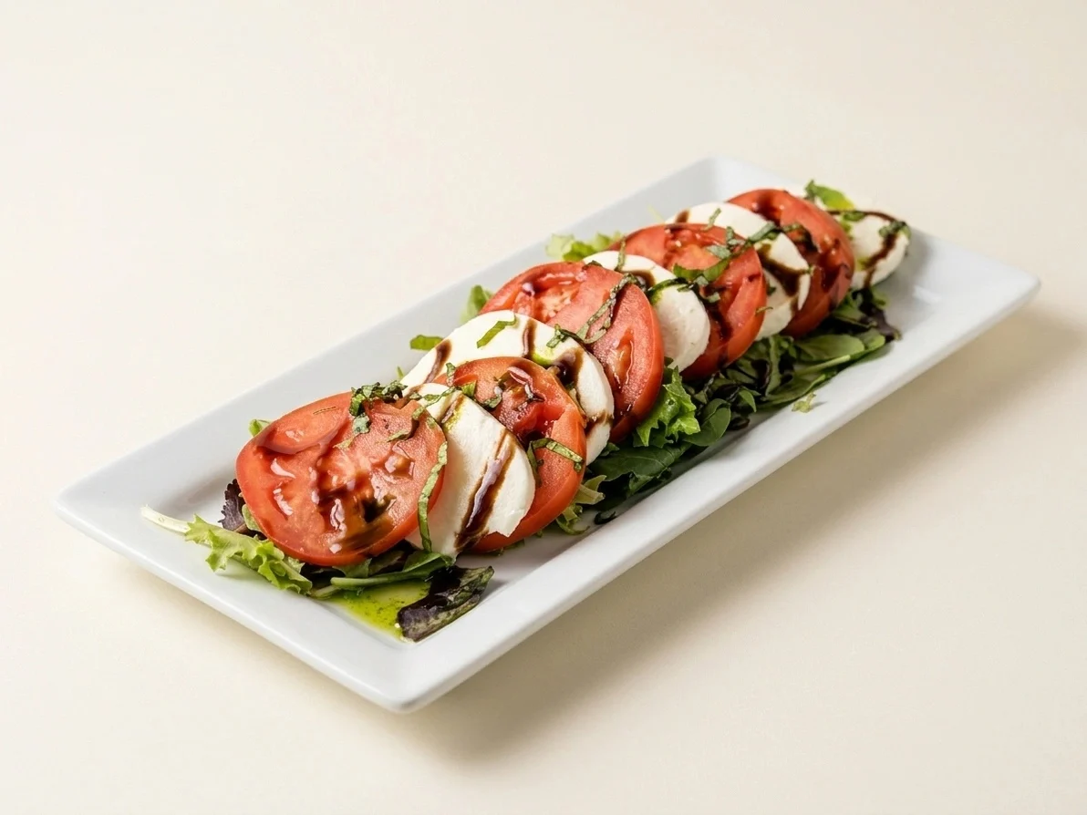 Tomato and mozzarella salad. Bright ivory · soft daylight.