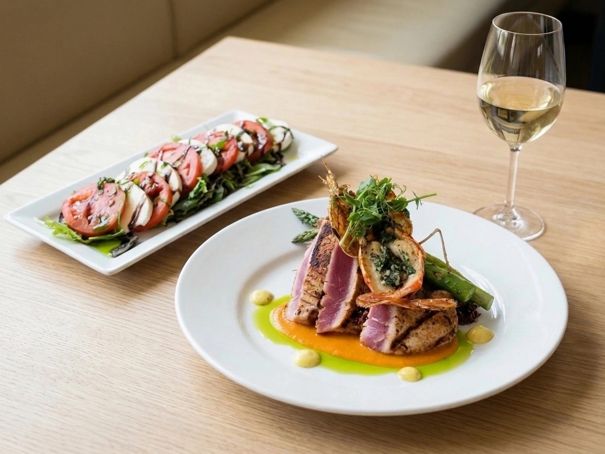 App-generated table scene combining a caprese appetizer, tuna and prawn main, and glass of white wine in one photograph